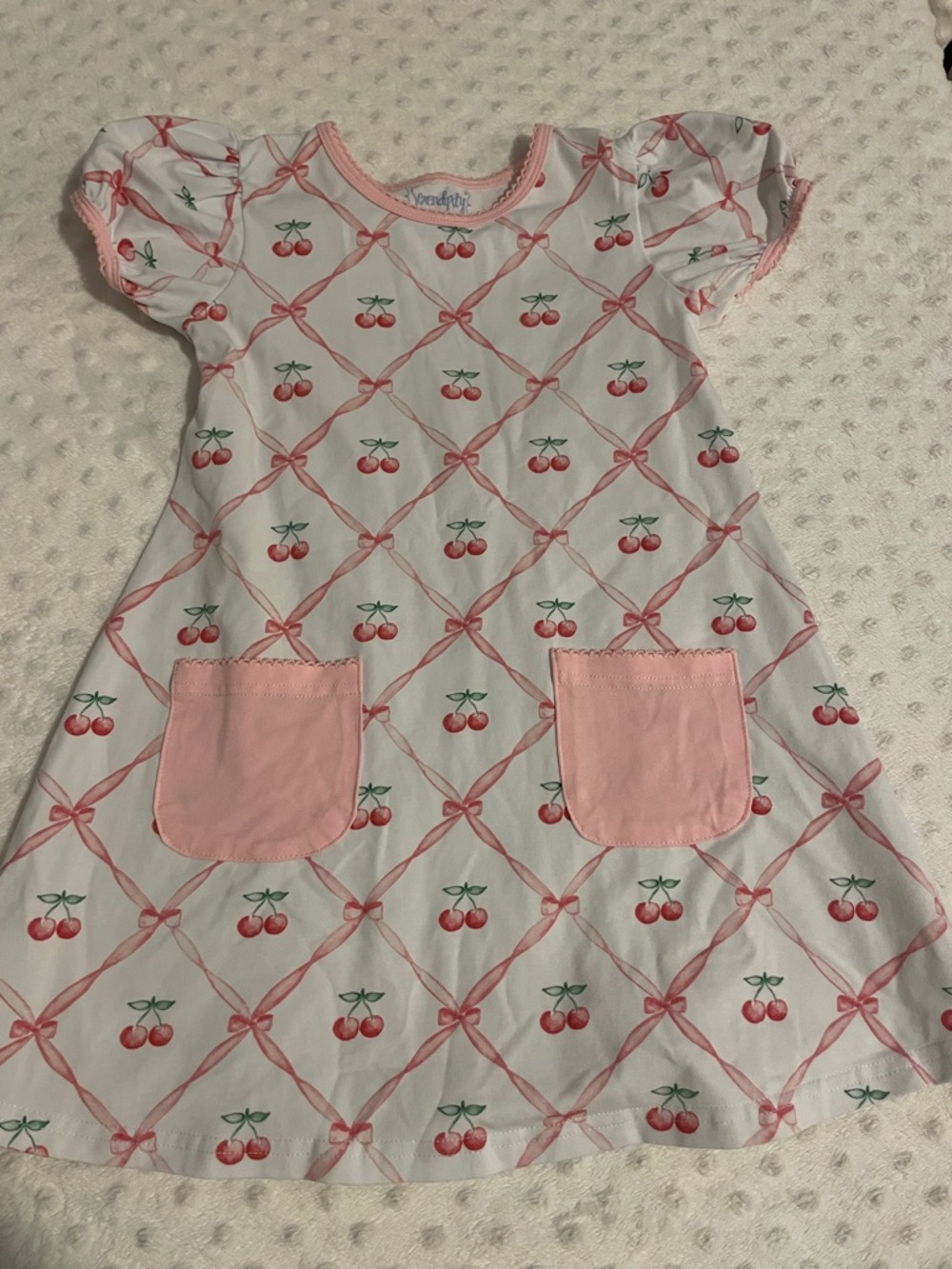 Girls' Pink Cherry-Print Casual Dress with Pocket Detail